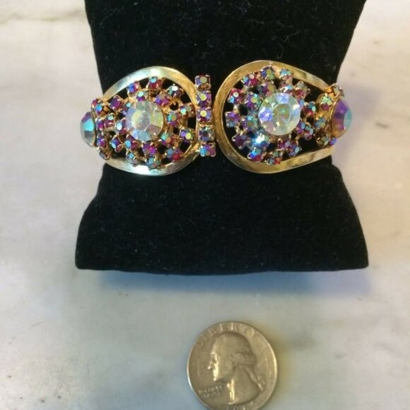 Vtg '60 JULIANA ?  siam red borealis rhinestone crystal clamper bracelet - Picture 2 of 3